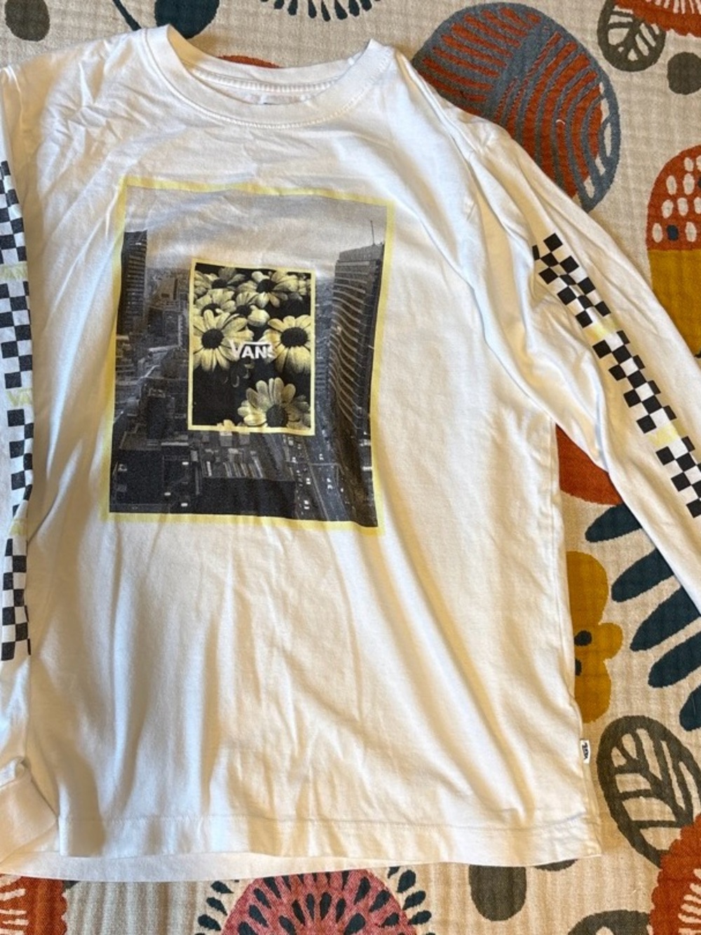 Vans white long sleeve shirt with black, white and yellow flower print